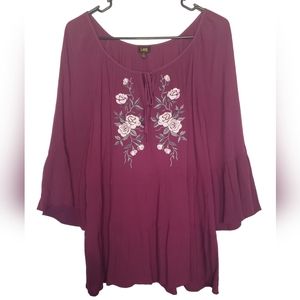 Lee Womens Maroon Floral Embroidered Boho Blouse Bell Sleeves Size XL